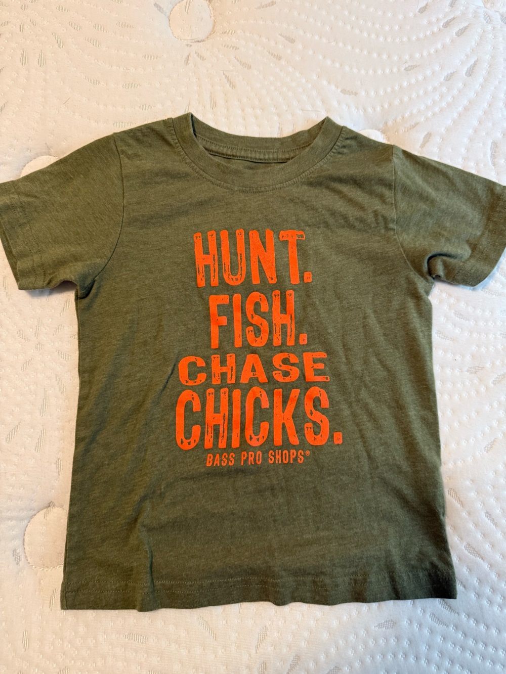 Bass Pro Shops Olive Green Short Sleeve Tee with Orange Graphic